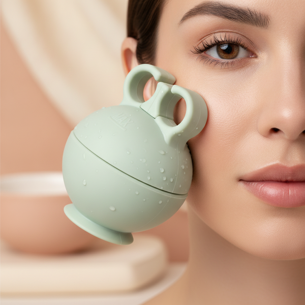 Close-up of an Ice Facial Roller, made of medical-grade silicone, gliding smoothly upwards on a person's cheek.