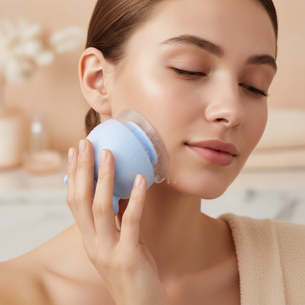 Close-up of an Ice Facial Roller moving along a person's jawline, highlighting the tool's curved design for lymphatic drainag