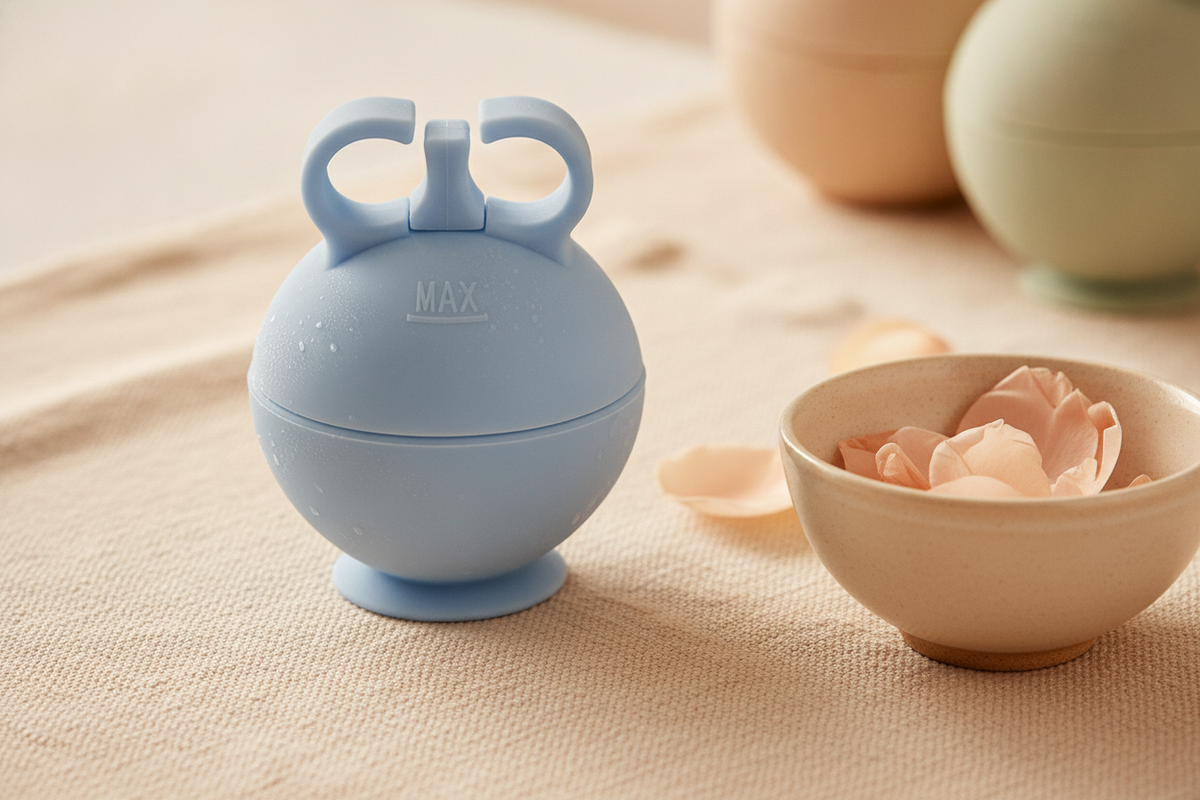 Ice Facial Roller on a warm cream linen cloth next to a small ceramic bowl with blush peach flower petals.